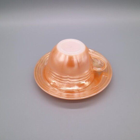 Vintage Anchor Hocking Fire King Peach Lustre Teacup and Saucer Sets Three Ring - Picture 6 of 7